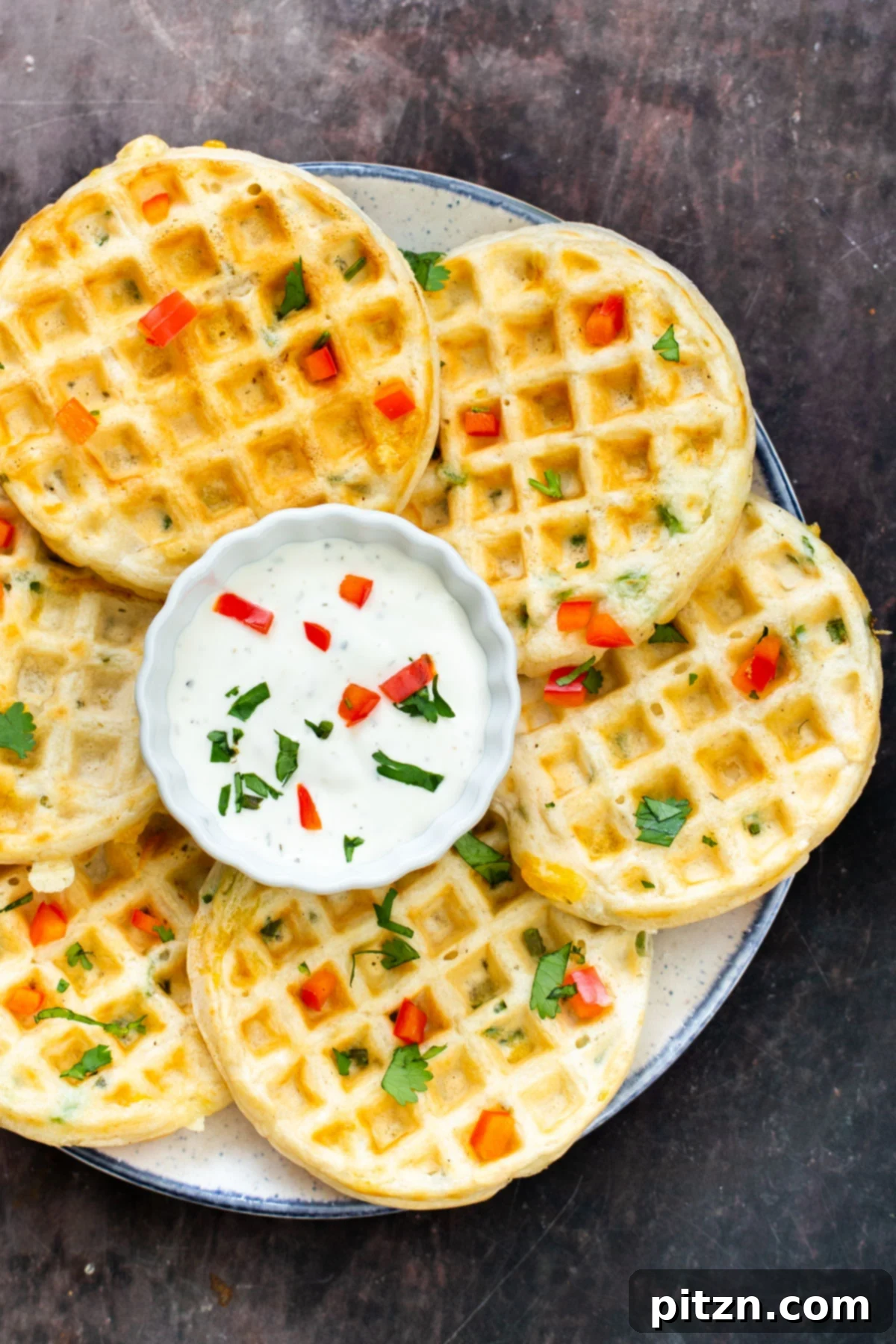 Kickin' Vegan Cheddar Jalapeno Waffles 4 a plate of vegan jalapeno waffles with a small dish of vegan sour cream