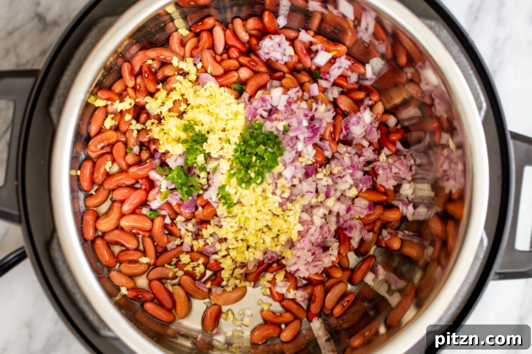 Instant Pot Dhaba Rajma: Authentic & Easy Kidney Bean Curry 8 soaked red kidney beans, fresh ginger, red onion, and green chili placed in an Instant Pot