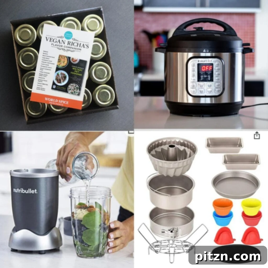 Vegan Richa's Instant Pot Cookbook Is Here 2 A collection of giveaway prizes including an Instant Pot, Nutribullet blender, spice boxes, and pasta bowls.