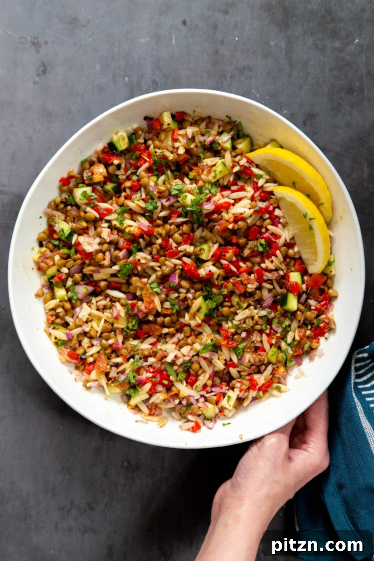 A beautifully arranged bowl of vegan lentil orzo salad, garnished with fresh lemon wedges and herbs, perfect for a light summer meal.