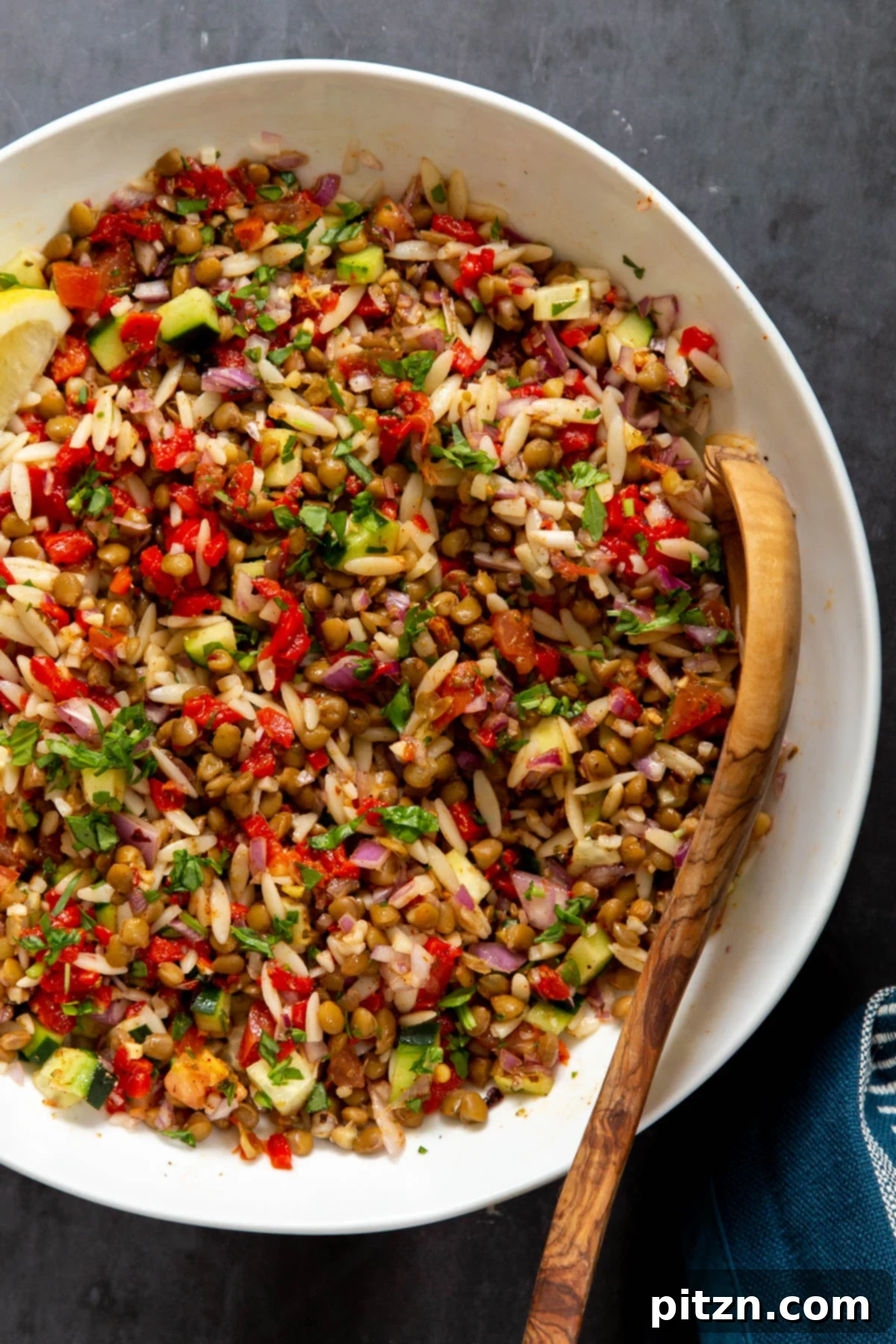 A vibrant bowl of vegan lentil farro salad, showcasing a medley of textures and colors from lentils, farro, and fresh vegetables, dressed with a light vinaigrette.