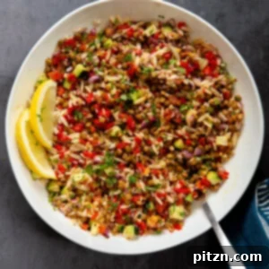 A delicious bowl of Lentil Orzo Salad, garnished with fresh herbs.