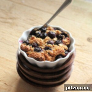 A single serving of vegan baked French toast with blueberry crisp, ready to eat in a small ramekin.