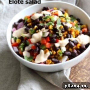 Mexican Street Corn Salad with Black Beans and Chipotle Mayo. Elote Bean Salad. Served with Tortilla Chips.