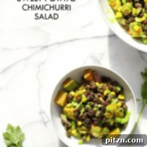 Summer Black Bean Salad with Sweet Potato, Corn, Peppers and Chimichurri Dressing.