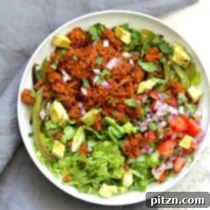 Vegan Taco Salad Bowl with Carrot Walnut Taco "Meat". Vegan Taco filling. Meatless Taco Salad.