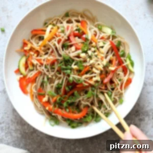 Cold Soba Noodle Salad Recipe. Noodle Salad Bowl with Peppers, Carrots, Zucchini, Green Onion and Sesame Lime Ginger Dressing.