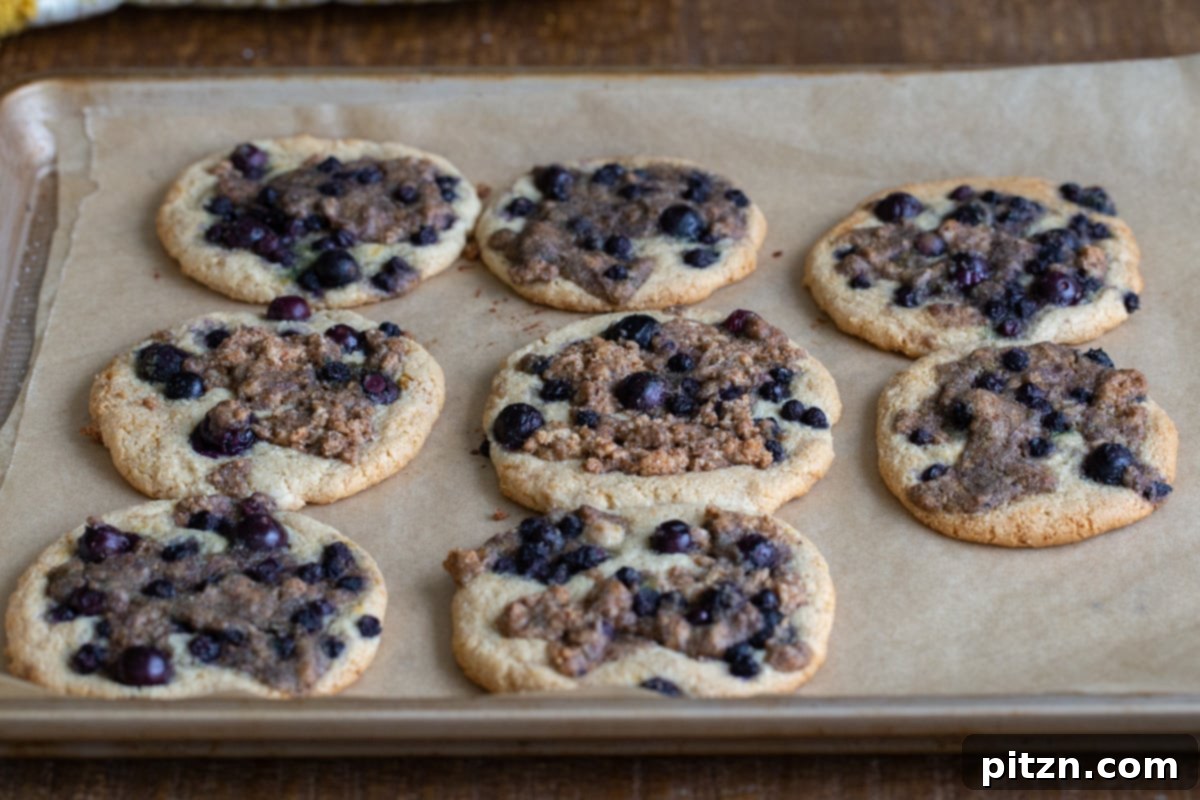 Gluten-Free Vegan Blueberry Muffin Cookies 16 Freshly baked Vegan Blueberry Muffin Cookies cooling on a baking sheet, their golden edges and vibrant streusel enticingly visible. A delightful Gluten-Free treat.