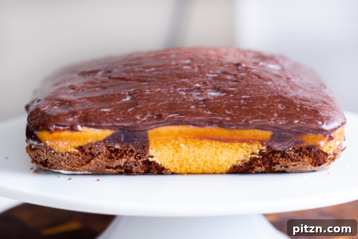 Decadent Mocha Swirl Cake 22 Thick, glossy chocolate ganache being skillfully spread over the top of a cooled marble cake.