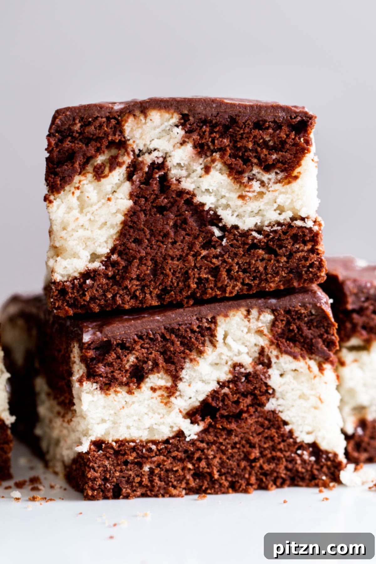 Decadent Mocha Swirl Cake 23 Two stacked slices of vegan marble cake, generously topped with chocolate ganache, invitingly presented.