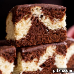 Decadent Mocha Swirl Cake 4 A slice of Vegan Mocha Marble Cake topped with rich ganache.