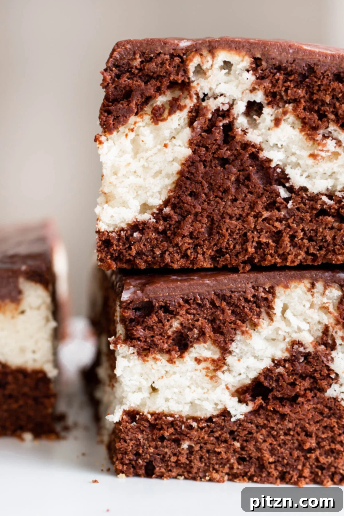 Decadent Mocha Swirl Cake 5 Two pieces of stacked vegan mocha marble cake with glossy chocolate ganache on top.