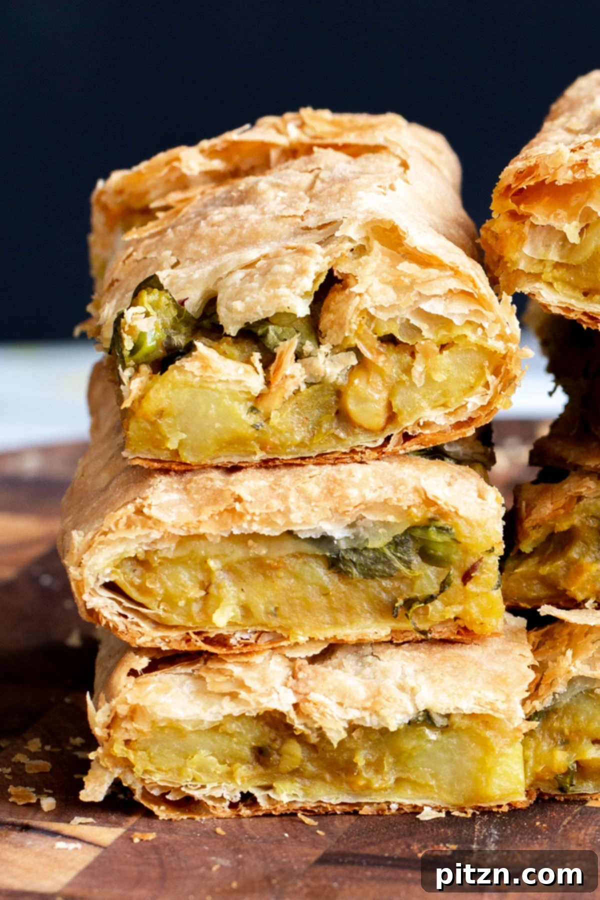 Stacked slices of golden-brown vegan potato samosa pie on a rustic wooden board, showcasing its flaky pastry and flavorful filling, ready to be enjoyed.