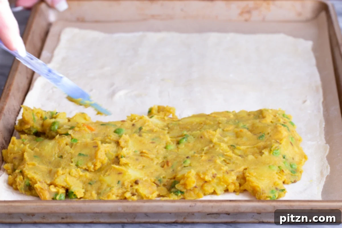 The savory potato filling being carefully spread over one half of a puff pastry sheet, assembling the vegan samosa pie.