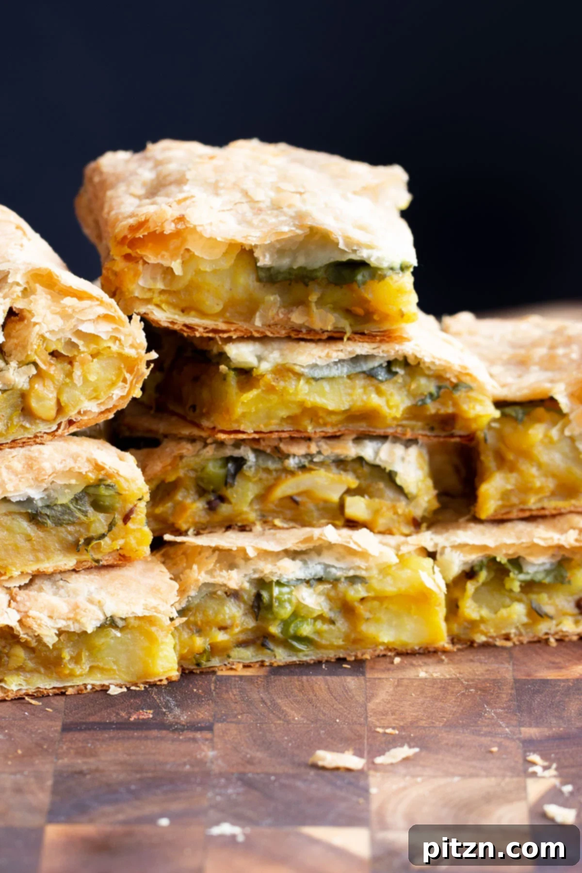 More stacked pieces of vegan potato samosa pie on a wooden board, highlighting the rich texture and appealing presentation of the savory dish.