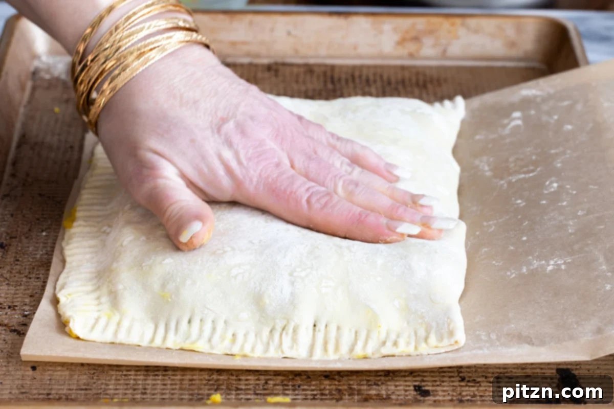 The vegan samosa pie fully assembled on a baking sheet, with its pastry edges sealed and ready for baking.