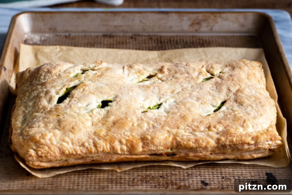 A freshly baked, golden-brown vegan samosa pie proudly displayed on a baking sheet, showcasing its flaky texture and appealing crust.