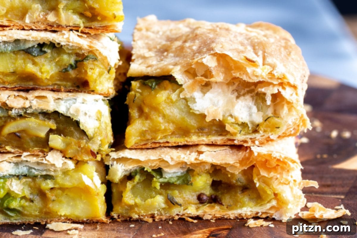 Stacked, freshly baked slices of vegan samosa pie, highlighting the layers of flaky pastry and savory filling, presented invitingly.