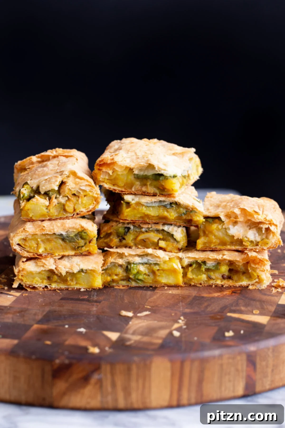 Stacked slices of vegan potato samosa pie, displaying the golden crust and savory interior, suggesting its suitability for sharing and various meal times.