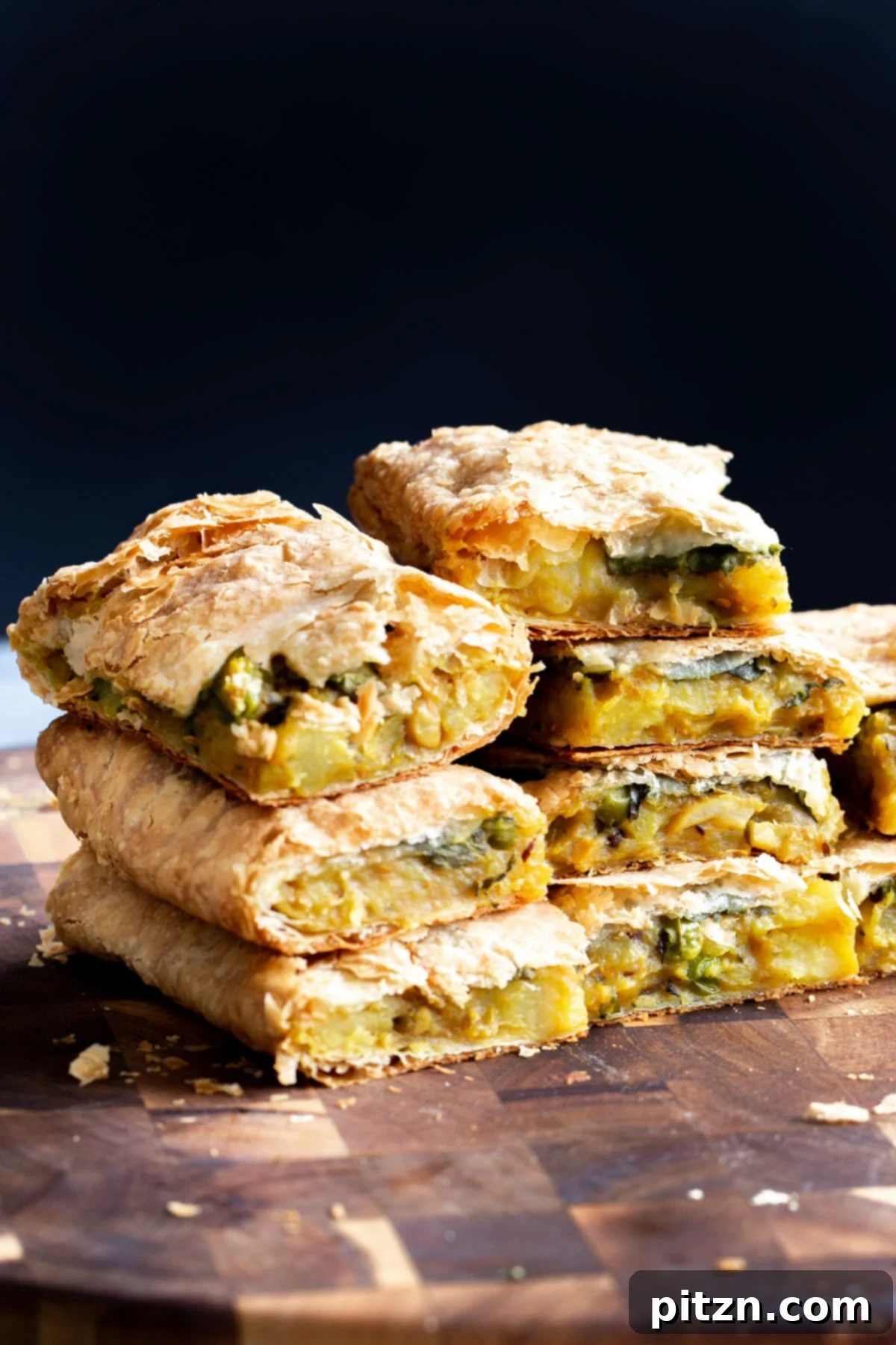 Beautifully cut pieces of vegan samosa pie arranged on a wooden board, showcasing the flaky crust and rich potato filling, ready for serving.