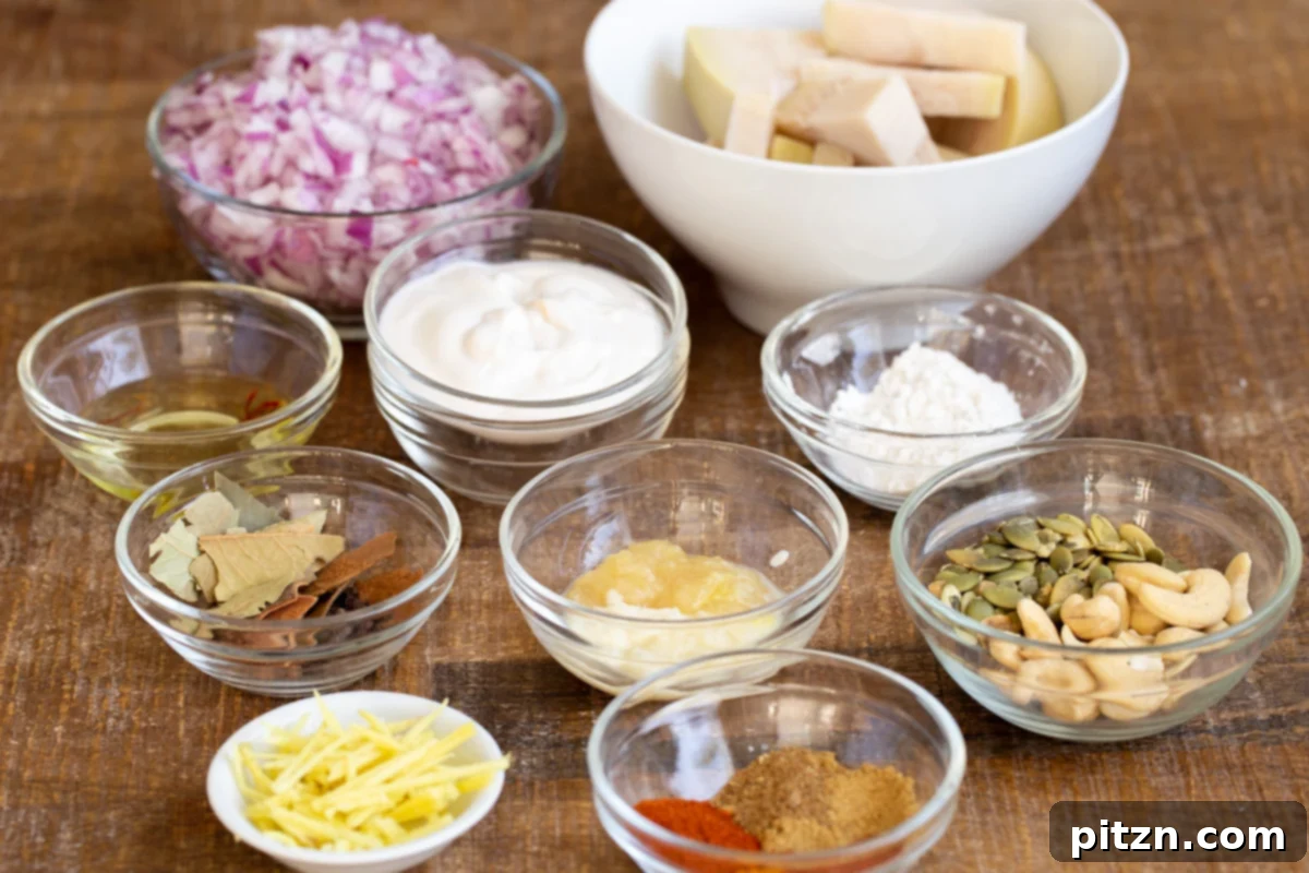 ingredients needed for making vegan chicken korma with jackfruit
