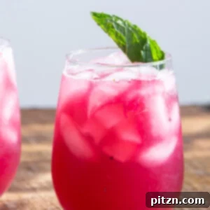 A glass of blueberry lemonade with a mint leaf