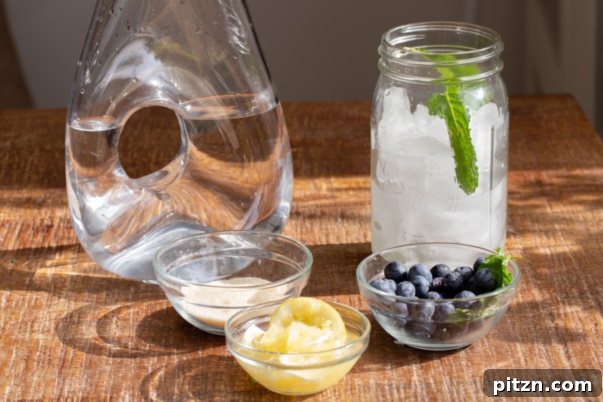 All the fresh ingredients laid out for making blueberry lemonade: blueberries, lemons, mint, and sugar.