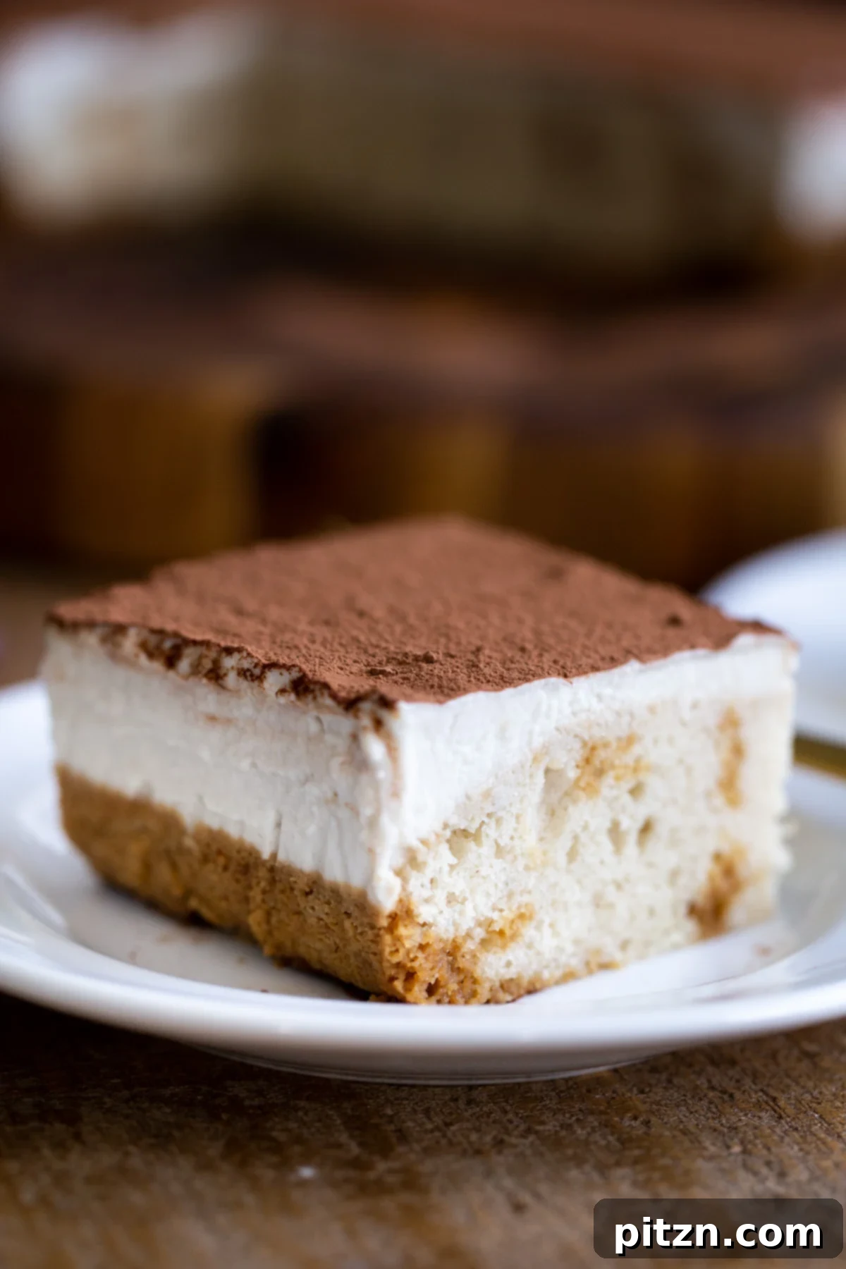 Plant-Based Tiramisu Tray Bake 2 A beautifully presented slice of vegan tiramisu sheet cake on a pristine white cake platter, featuring distinct layers of coffee-soaked sponge and creamy vegan mascarpone, topped with cocoa powder.