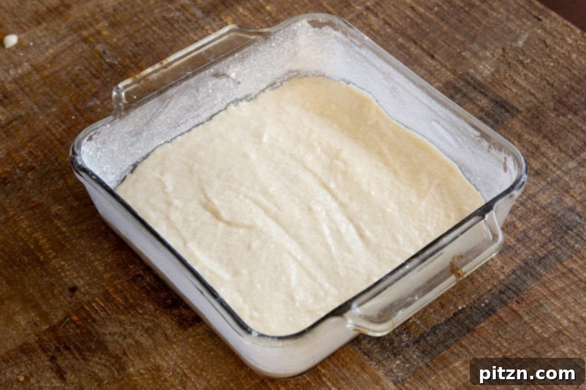 Plant-Based Tiramisu Tray Bake 12 Smooth vegan cake batter evenly spread within a brownie pan, prepared for baking.