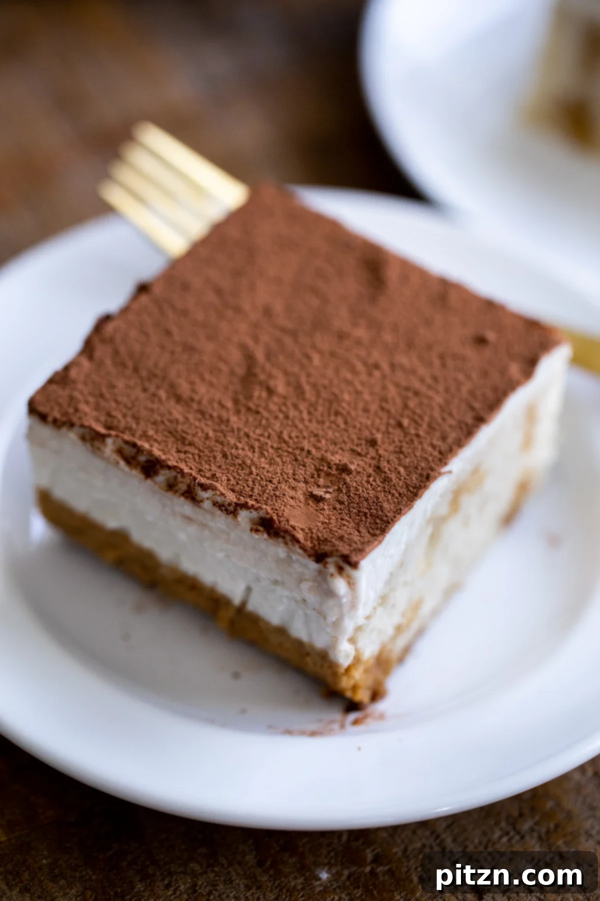 Plant-Based Tiramisu Tray Bake 3 A delectable piece of vegan tiramisu sheet cake, perfectly dusted with cocoa powder, elegantly served on a small, delicate cake plate, showcasing its moist layers.