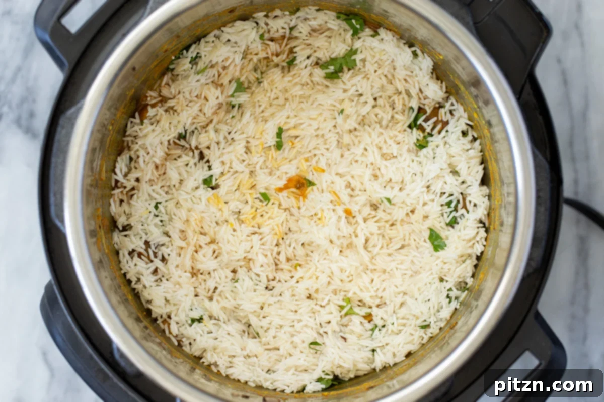 Fragrant Mushroom Biryani 19 Drained and soaked rice meticulously layered into an Instant Pot, over a rich base of mushrooms and aromatic spices.