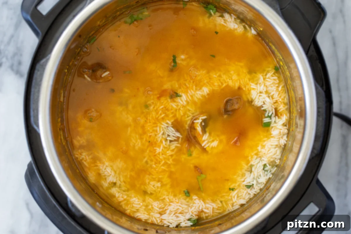 Fragrant Mushroom Biryani 20 The flavorful mushroom base of the biryani, perfectly cooked in an Instant Pot, waiting for the rice layer.