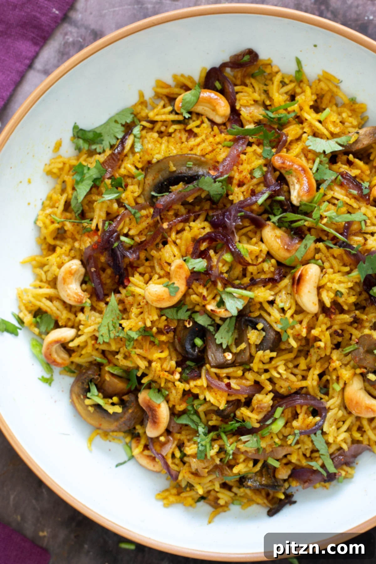 Fragrant Mushroom Biryani 24 A perfectly portioned serving of vegan mushroom rice, beautifully topped with toasted cashews and freshly chopped cilantro.