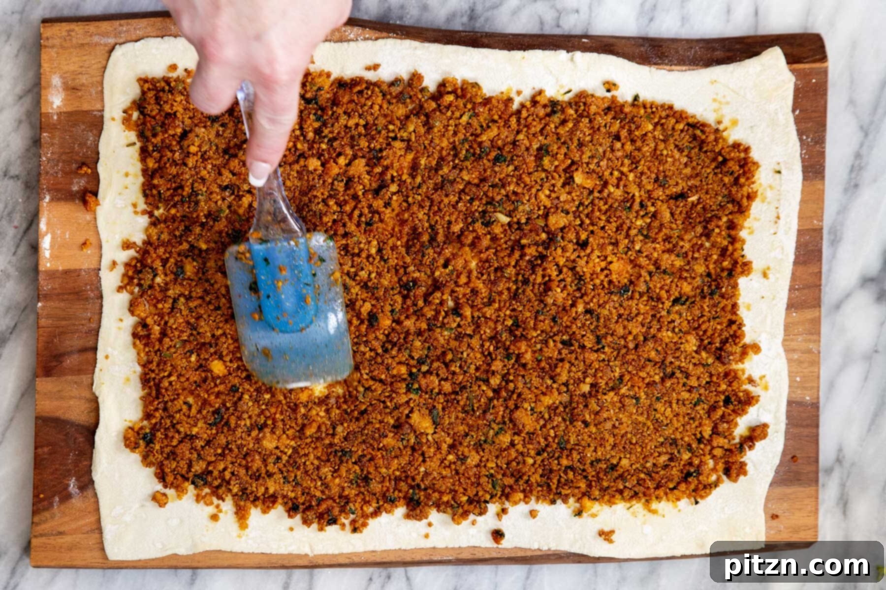 Vegan lentil filling being meticulously spread out on a sheet of puff pastry, leaving a clean border.