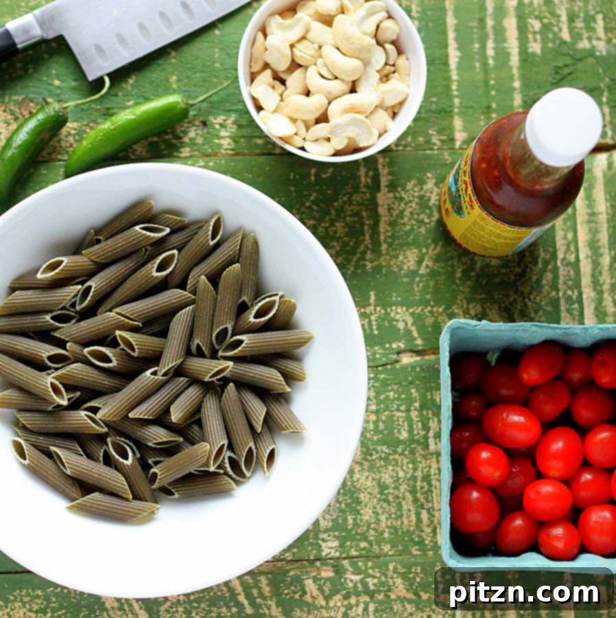 Another perspective of the creamy vegan penne dish, highlighting its vibrant colors