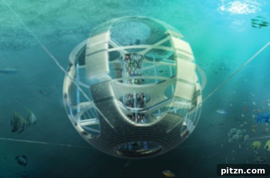 An artistic rendering of the spherical Plastic Fish Tower Skyscraper, an underwater structure designed to recycle ocean debris.