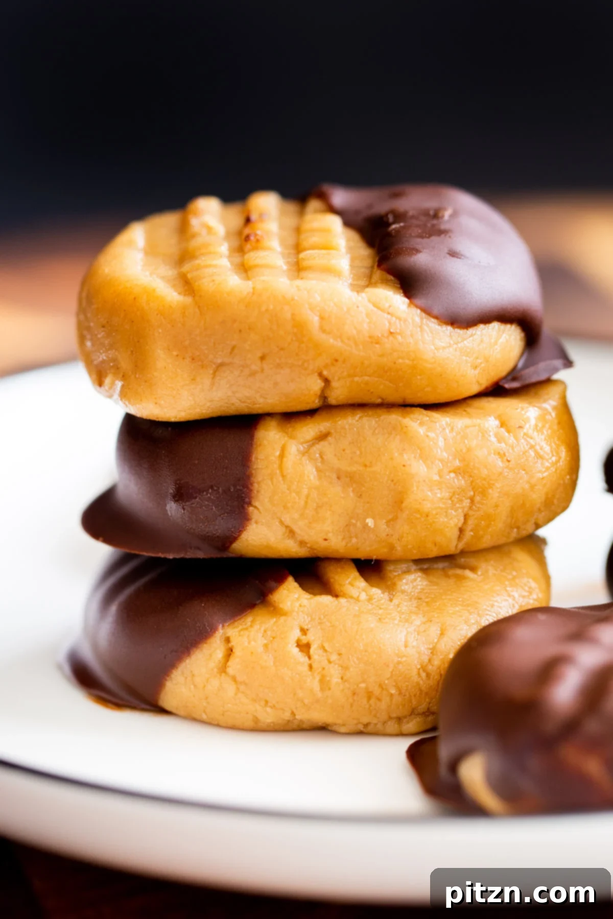 A delicious stack of vegan no-bake peanut butter cookies, beautifully dipped in chocolate, creating an inviting visual of this easy dessert.