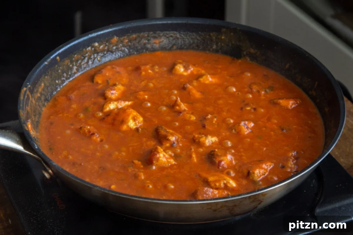 Plant-Based Chicken Changezi 17 Vegan Chicken Changezi simmering gently in a black frying pan, with tofu fully coated in the gravy.
