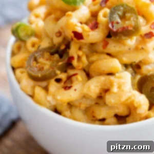 Fiery Vegan Skillet Mac and Cheese 6 A delicious skillet of vegan jalapeño mac and cheese, prepared and ready to be served.