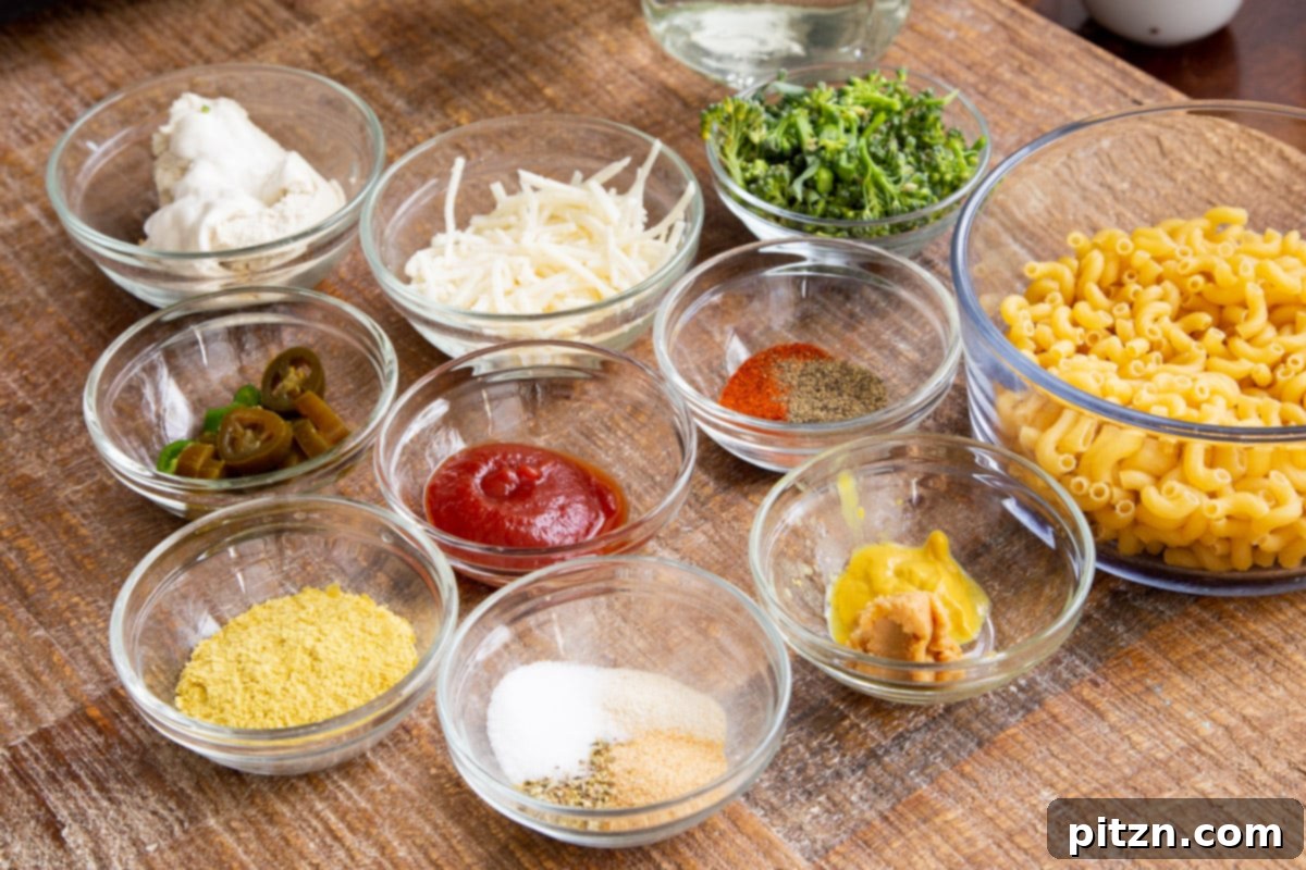 Fiery Vegan Skillet Mac and Cheese 7 A vibrant flat lay image showcasing all the fresh ingredients required to prepare the savory vegan stovetop mac and cheese.