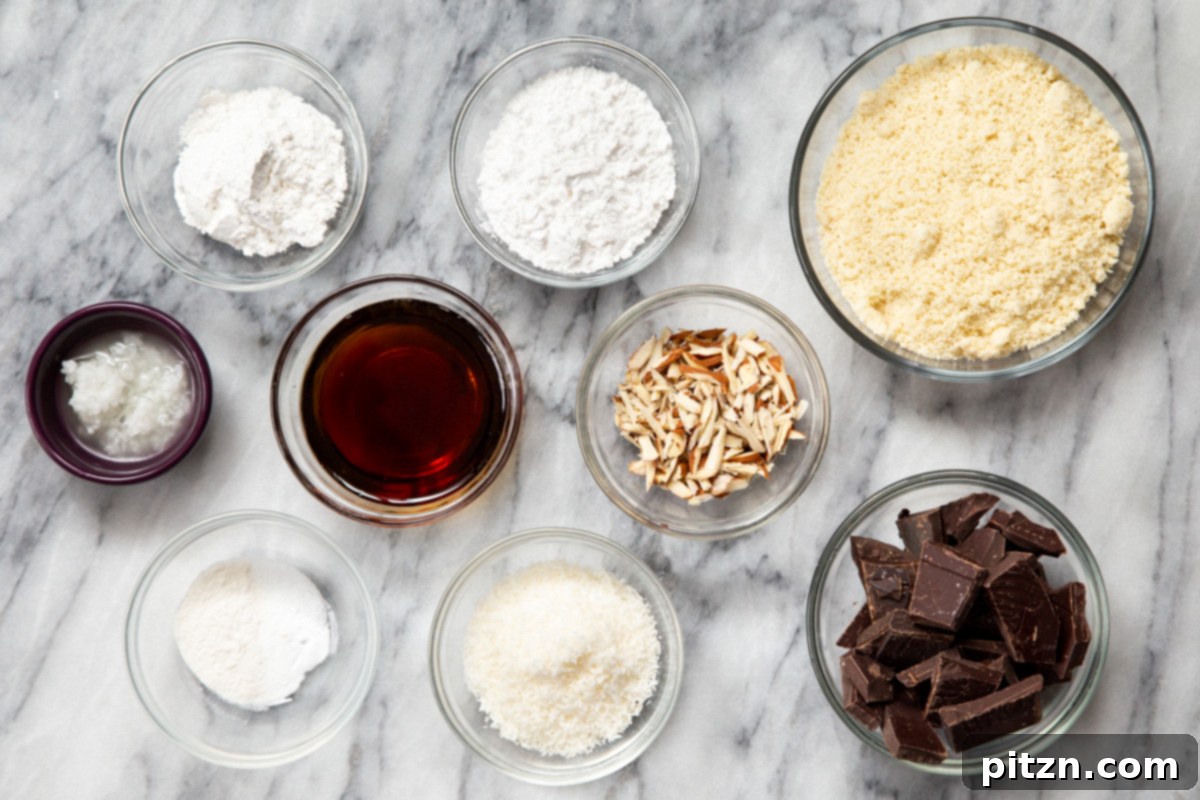 Irresistible Vegan Gluten-Free Almond Coconut Joy Cookies 7 Ingredients for making vegan Almond Joy cookies laid out on a kitchen counter
