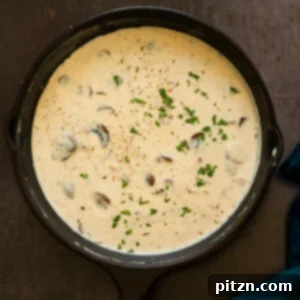 Creamy Vegan Mushroom Sauce in a cast iron skillet, perfect as gravy or accompaniment to various dishes.