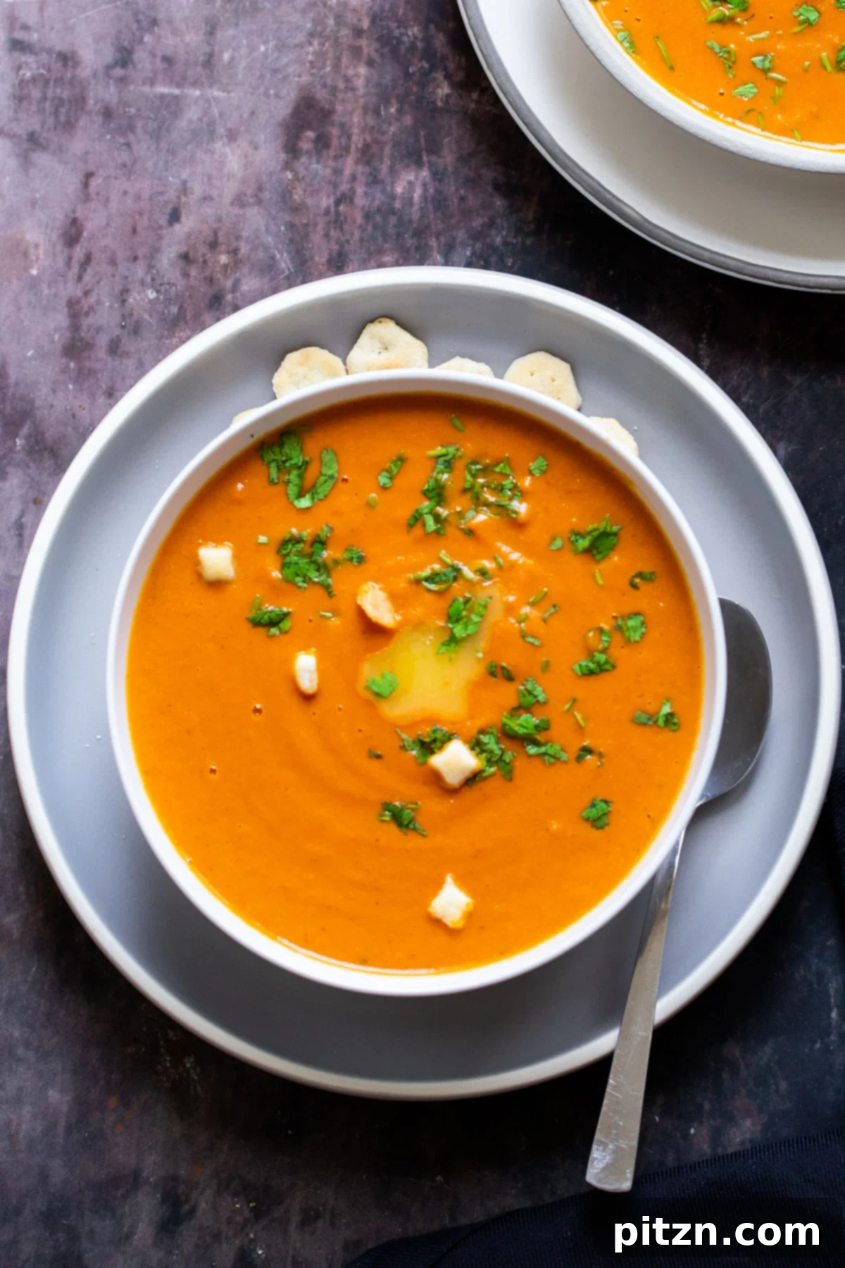 Velvet Roasted Tomato Bliss 2 A perfectly plated bowl of rich, creamy vegan roasted tomato soup with a spoon, highlighting its comforting texture.