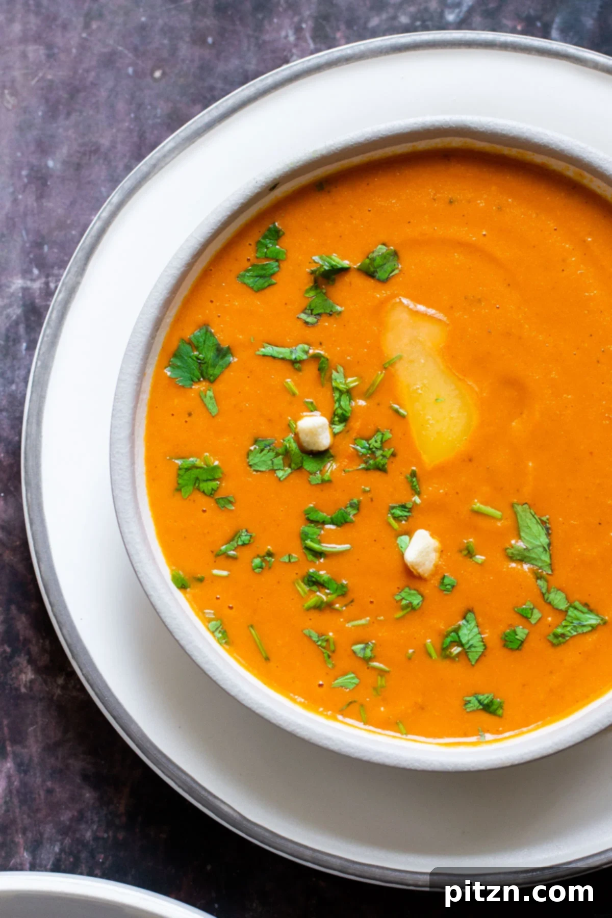 Velvet Roasted Tomato Bliss 3 A beautifully garnished bowl of vegan roasted tomato soup, drizzled with olive oil and fresh herbs, ready to be enjoyed.
