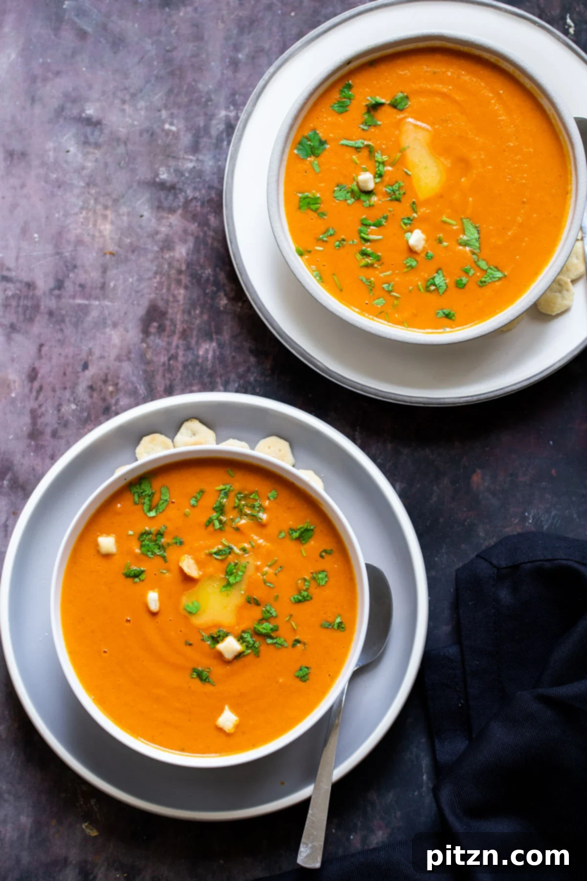 Velvet Roasted Tomato Bliss 4 Two inviting bowls of vegan roasted tomato soup, garnished with fresh green herbs, promising warmth and flavor.