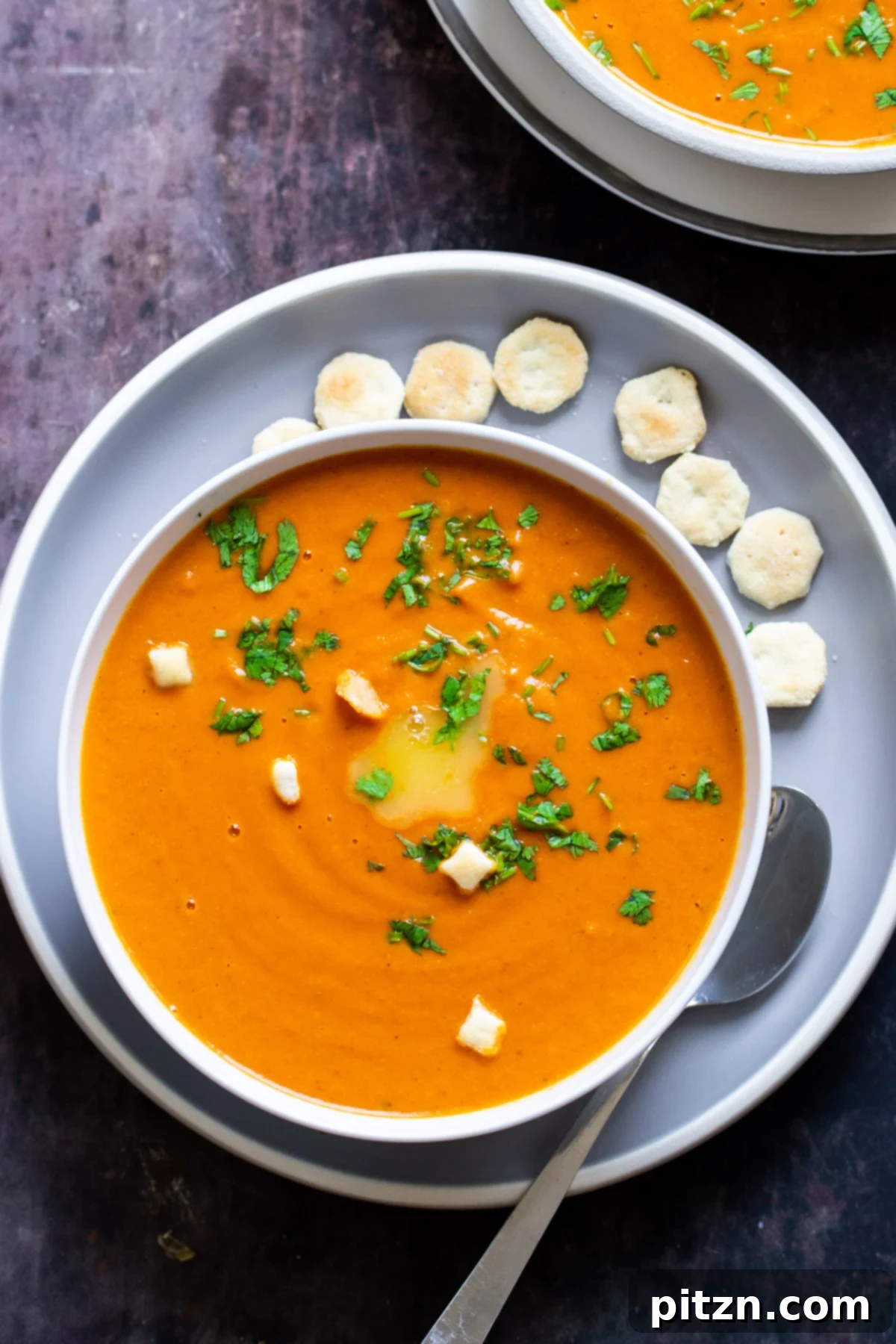 Velvet Roasted Tomato Bliss 5 A single elegant bowl of vegan roasted tomato soup served on a pale blue plate, accompanied by small crackers.