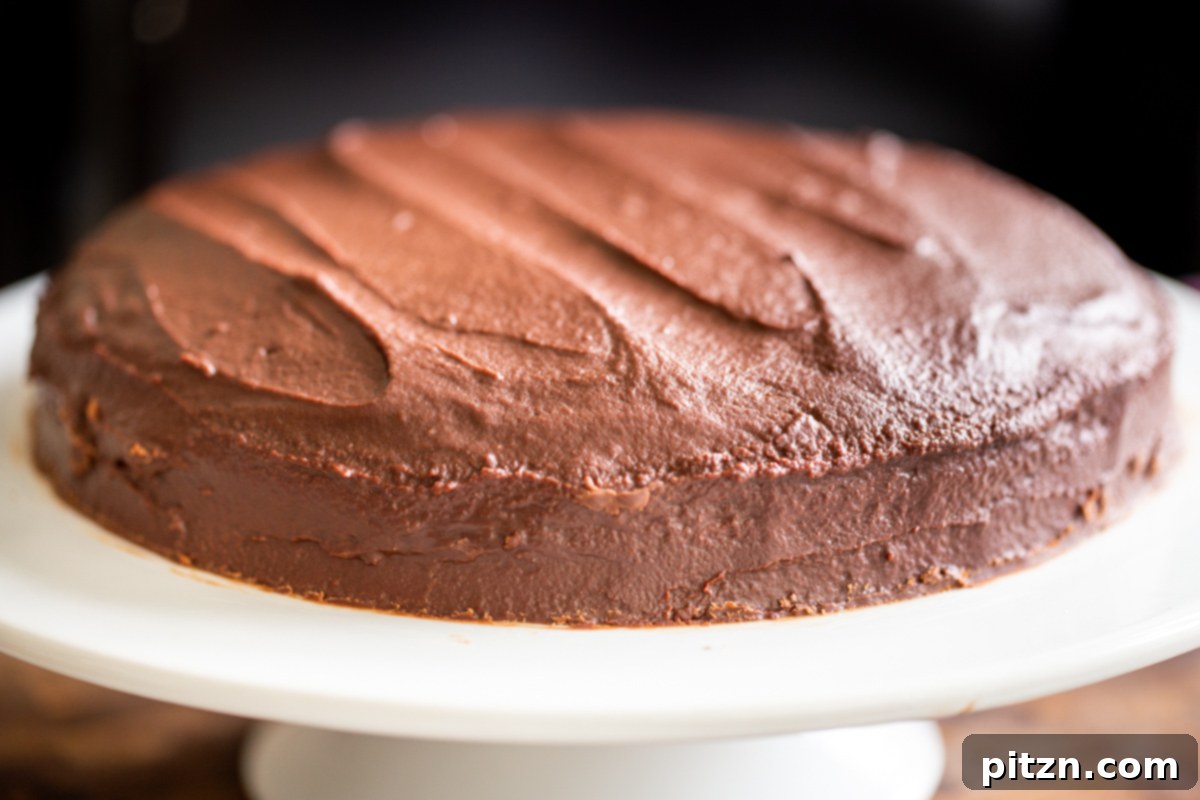 Plant-Based Boston Dream Cake 28 The top layer of a vegan Boston Cream Pie cake being generously coated with rich, glossy chocolate ganache, spread smoothly with a spatula.