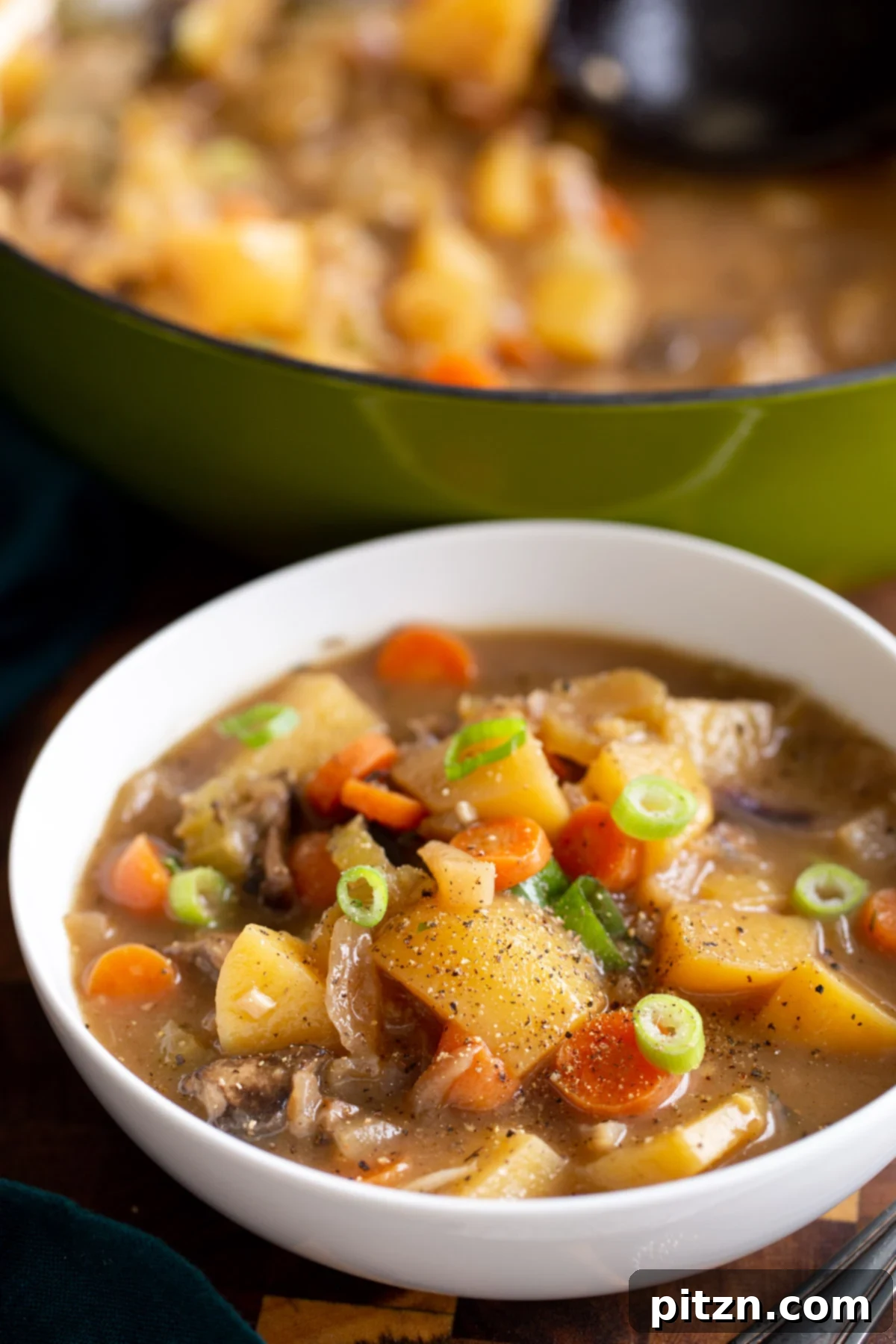 A bowl of Irish Stew with potatoes, carrots and mushrooms, showcasing the hearty texture and rich color.