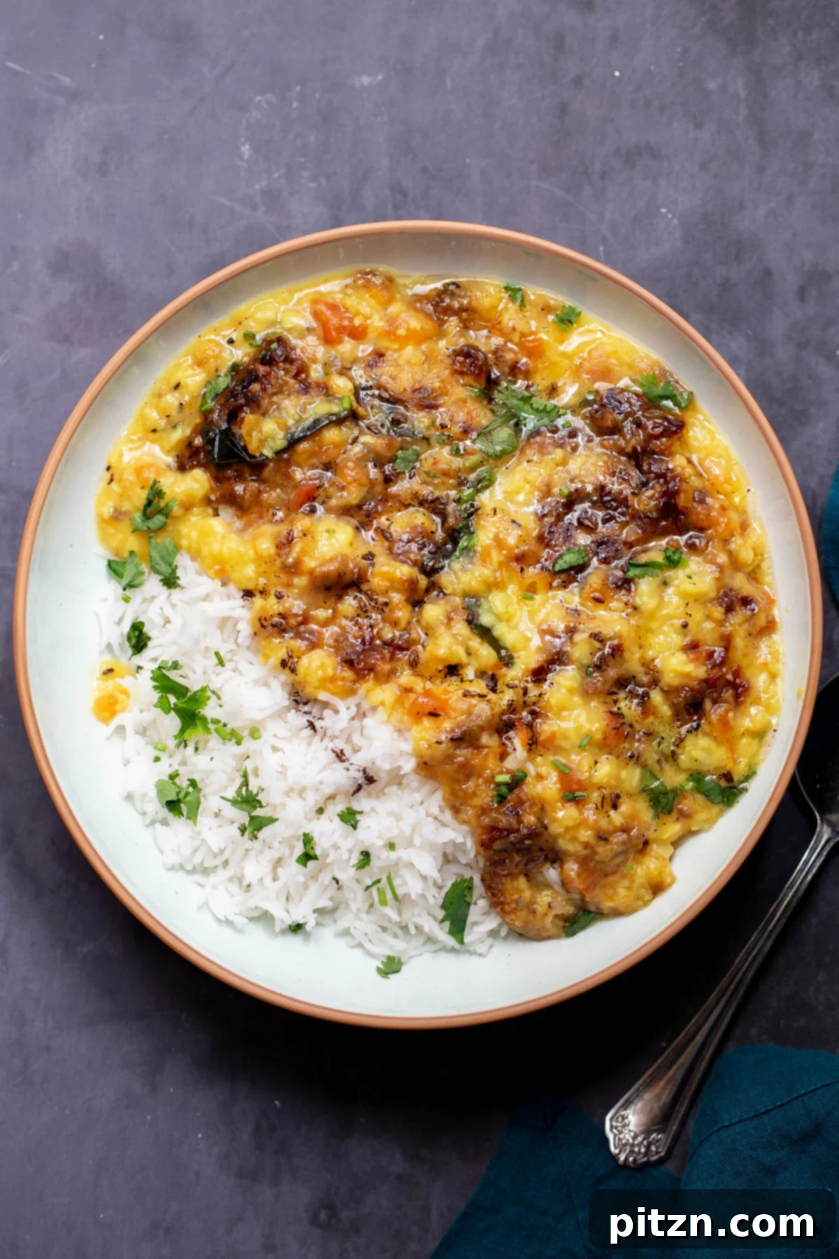 Caramelized Onion Lentil Stew 2 A beautifully presented bowl of creamy Caramelized Onion Dal, garnished with fresh cilantro, served alongside fluffy white rice, ready to be enjoyed as a comforting Indian meal.