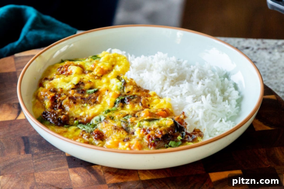 Caramelized Onion Lentil Stew 18 A shallow bowl showcasing a comforting serving of dal, paired perfectly with a side of white rice, capturing the simplicity and deliciousness of the meal.